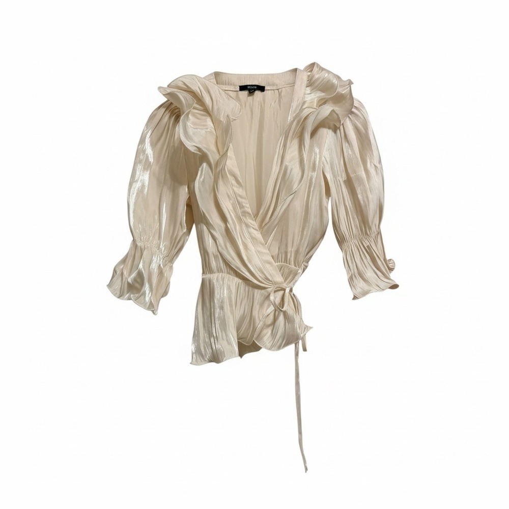 Coquette Romantic Blashe Shimmer Pleated Ruffle Wrap Top Cream Champagne Small